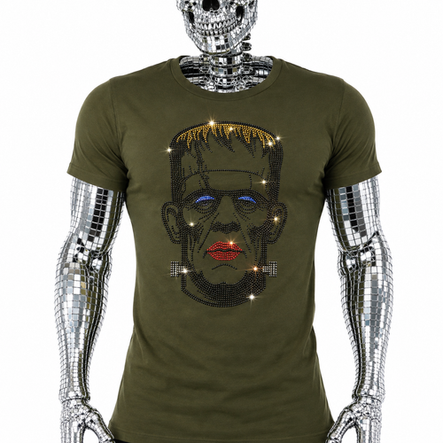 Olive green t-shirt with rhinestone Frankenstein monster graphic featuring red lips, blue eye shadow and blonde hair by Rico Starr