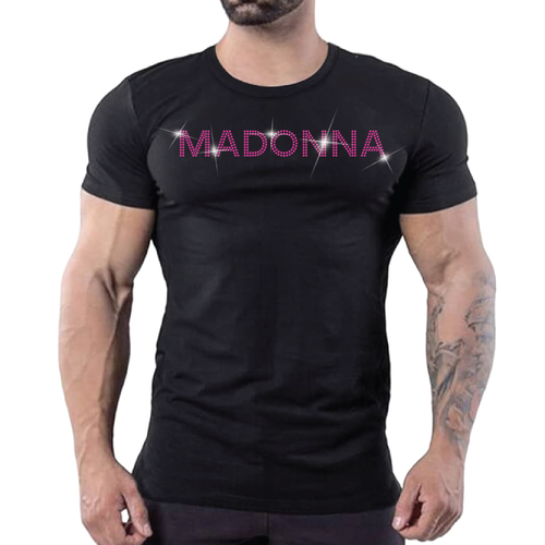 Black t-shirt with pink rhinestone Madonna text
