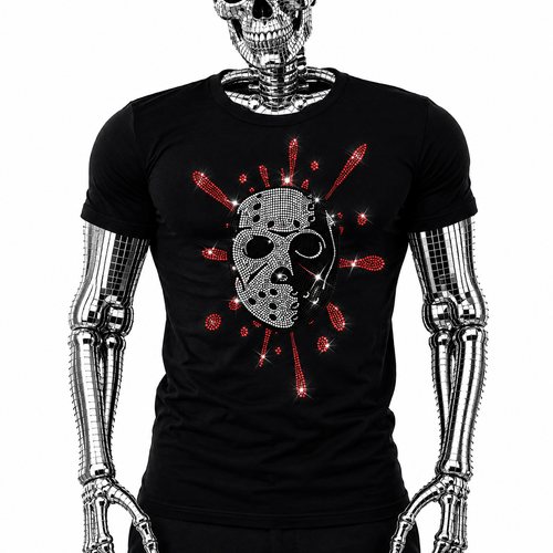 Black t-shirt with rhinestone horror hockey mask graphic and red blood-splatter accents, a slasher-style Halloween shirt by Rico Starr
