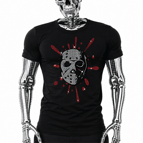 Black t-shirt with rhinestone horror hockey mask graphic and red blood-splatter accents, a slasher-style Halloween shirt by Rico Starr