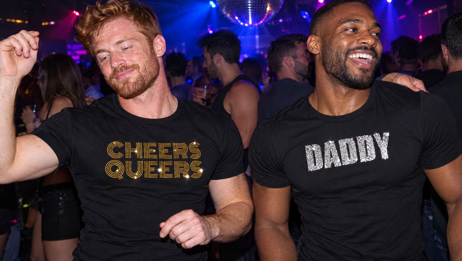 Two friends dancing at a club in Rico Starr shirts