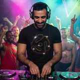 Black t-shirt with rhinestone 45 RPM record adapter graphic, disco DJ clubwear for men by Rico Starr