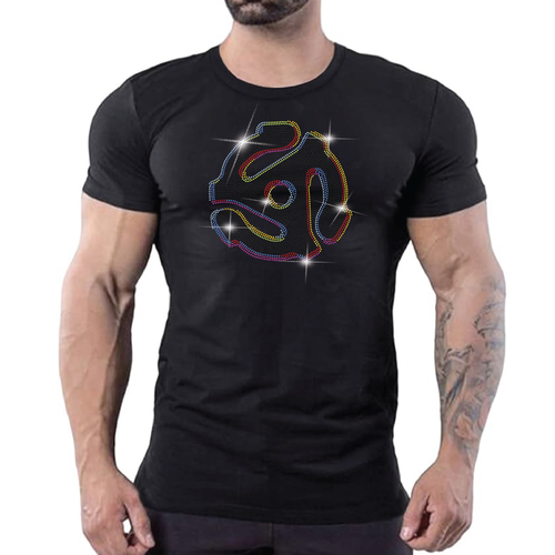 Black t-shirt with rhinestone 45 RPM record adapter graphic, disco DJ clubwear for men by Rico Starr