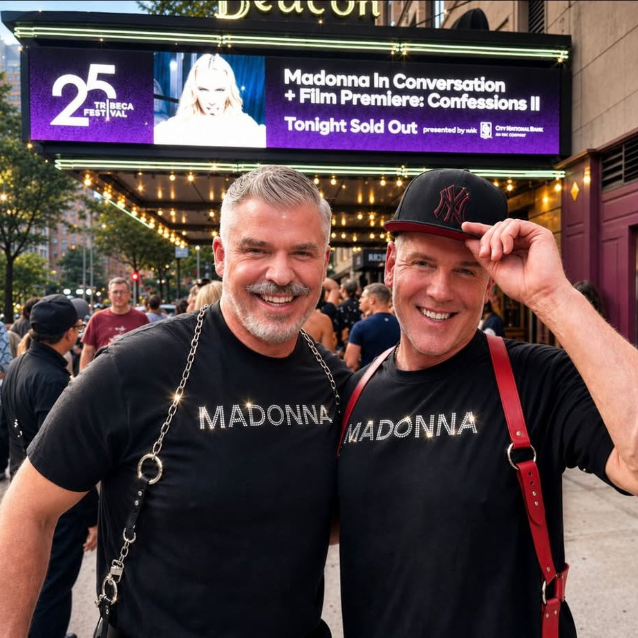Black fitted t-shirt with sparkling rhinestone Madonna graphic, pop icon inspired LGBTQ nightlife fashion by Rico Starr