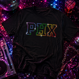 A black short-sleeve T-shirt with 'PHX' in rainbow colored rhinestones by Rico Starr