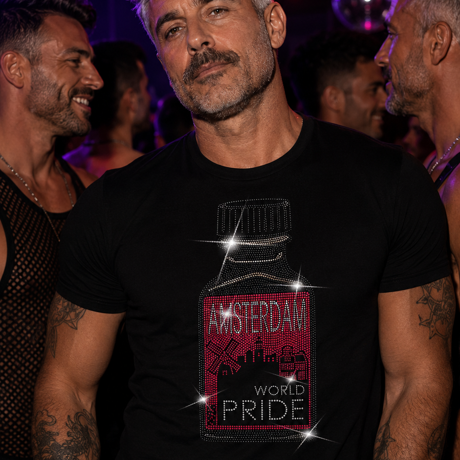 Black t-shirt featuring a rhinestone poppers bottle-inspired graphic with “Amsterdam World Pride” text, celebrating Amsterdam World Pride 2026. LGBTQ+ pride apparel with sparkling rhinestone details designed for Pride events, festivals, nightlife, and gay fashion enthusiasts by Rico Starr