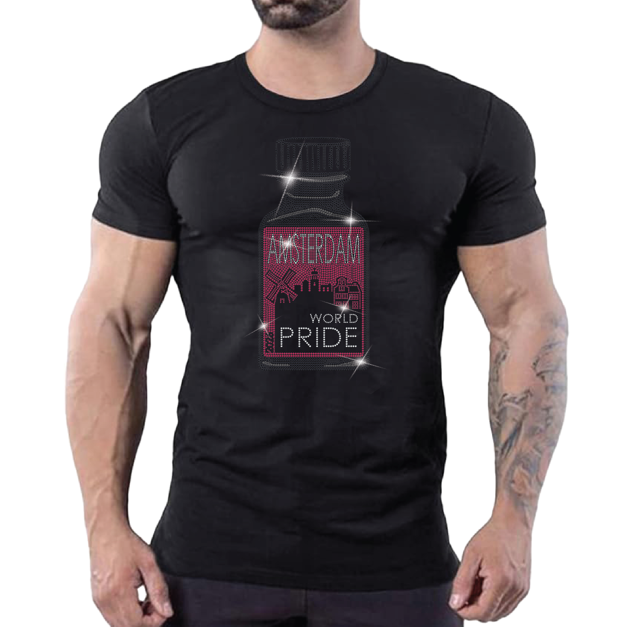 Black t-shirt featuring a rhinestone poppers bottle-inspired graphic with “Amsterdam World Pride” text, celebrating Amsterdam World Pride 2026. LGBTQ+ pride apparel with sparkling rhinestone details designed for Pride events, festivals, nightlife, and gay fashion enthusiasts by Rico Starr