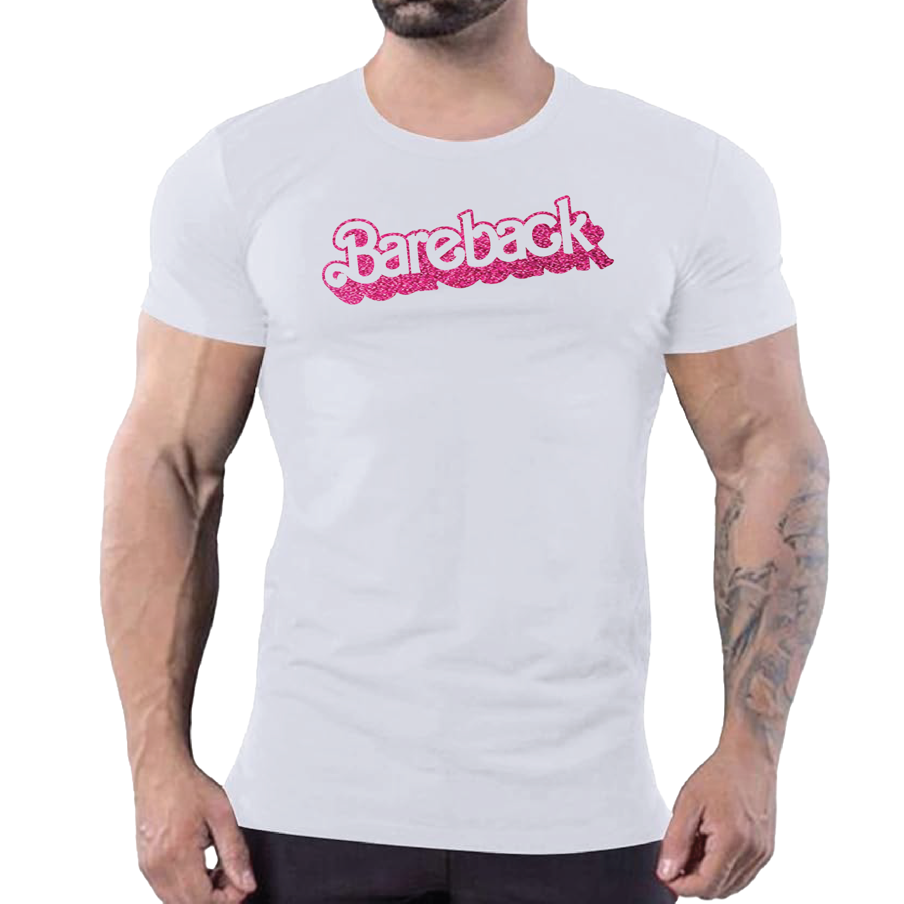 White t-shirt with pink glitter “Bareback” slogan, bold gay men’s clubwear by Rico Starr