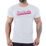 White t-shirt with pink glitter “Bareback” slogan, bold gay men’s clubwear by Rico Starr