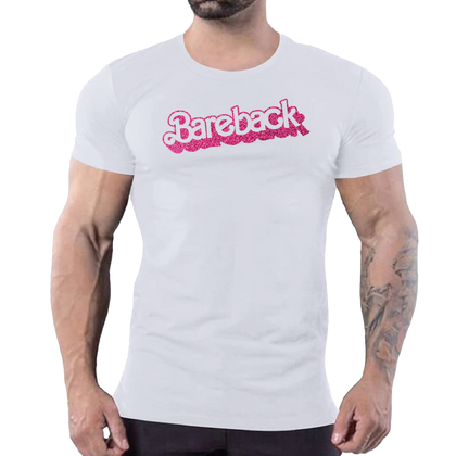 White t-shirt with pink glitter “Bareback” slogan, bold gay men’s clubwear by Rico Starr