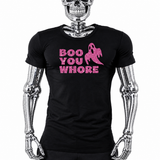 Black t-shirt with pink glitter "Boo You Whore" ghost graphic, a Halloween costume-party shirt by Rico Starr