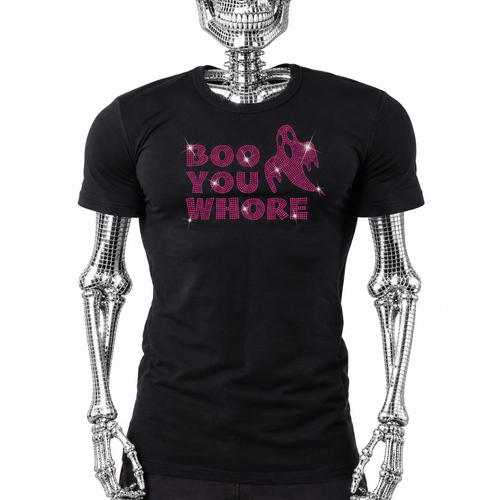 Black t-shirt with pink rhinestone "Boo You Whore" ghost graphic by Rico Starr