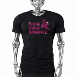 Black t-shirt with pink rhinestone "Boo You Whore" ghost graphic by Rico Starr