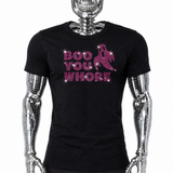 Black t-shirt with pink rhinestone "Boo You Whore" ghost graphic by Rico Starr