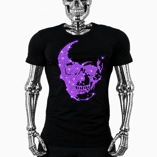 A black short-sleeve t-shirt featuring a large, eye-catching graphic of a skull filled with neon purple rhinestones by Rico Starr