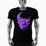 A black short-sleeve t-shirt featuring a large, eye-catching graphic of a skull filled with neon purple rhinestones by Rico Starr