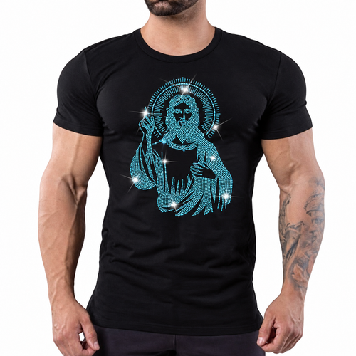 Black t-shirt with teal rhinestone graphic of Jesus giving a blessing, with a halo by Rico Starr