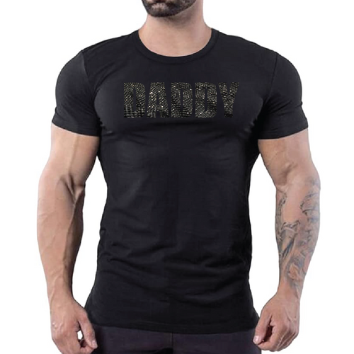 Black t-shirt with black rhinestone “Daddy” text, gay men’s clubwear by Rico Starr