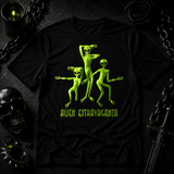 Black t-shirt with three green dancing alien figures and "Alien Extravaganza" text by Rico Starr
