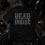 A black short-sleeve t-shirt with 'DEAD INSIDE' in rhinestones by Rico Starr