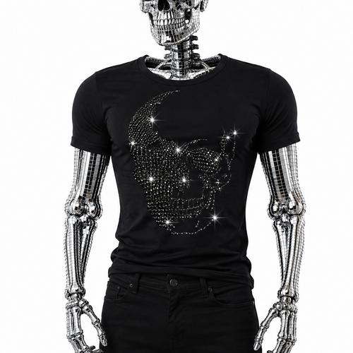 A black short-sleeve tshirt featuring a large, eye-catching graphic of a skull composed of sparkling black rhinestones by Rico Starr