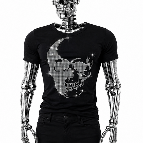 A black short-sleeve t-shirt with a large clear rhinestone skull graphic by Rico Starr