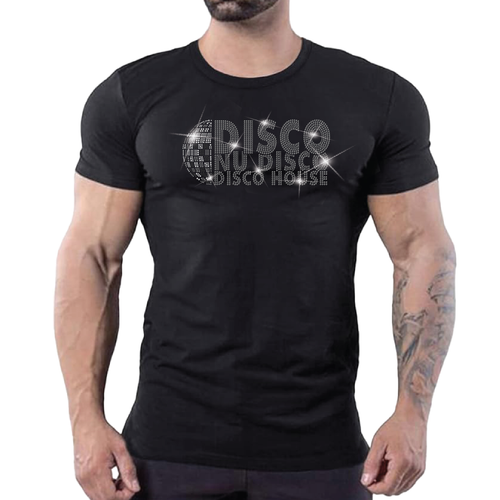 Black fitted t-shirt with disco rhinestone graphic reading Disco Nu Disco Disco House