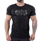 Black fitted t-shirt with disco rhinestone graphic reading Disco Nu Disco Disco House