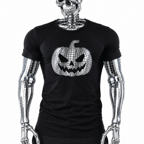 Black t-shirt with silver disco ball jack-o'-lantern graphic, a "Disc-O-Lantern" Halloween shirt by Rico Starr