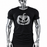 Black t-shirt with silver disco ball jack-o'-lantern graphic, a "Disc-O-Lantern" Halloween shirt by Rico Starr