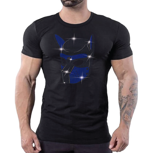 Black men's fitted T-shirt featuring a sparkling blue and black rhinestone pup hood graphic. Bold LGBTQ+ pup play apparel inspired by leather and fetish culture, perfect for gay nightlife, circuit parties, pride and kink events by Rico Starr