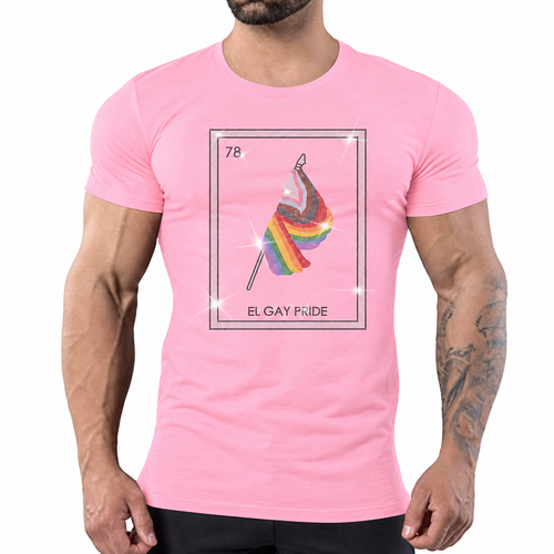 Light pink crew-neck t-shirt with a loteria card featuring a rainbow-striped flag in rhinestones and the text 'EL GAY PRIDE' by Rico Starr