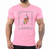 Light pink crew-neck t-shirt with a loteria card featuring a rainbow-striped flag in rhinestones and the text 'EL GAY PRIDE' by Rico Starr