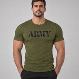 Model wearing the Army shirt
