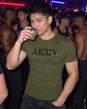Army shirt at a party
