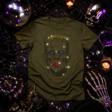 An olive green short-sleeve t-shirt with a graphic of Frankenstein's monster's face made from rhinestones by Rico Starr