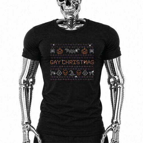 Black t-shirt with "Gay Christmas" rhinestone text and Halloween-themed ugly-sweater-style graphics including pumpkins, bats, ghosts, and skulls by Rico Starr