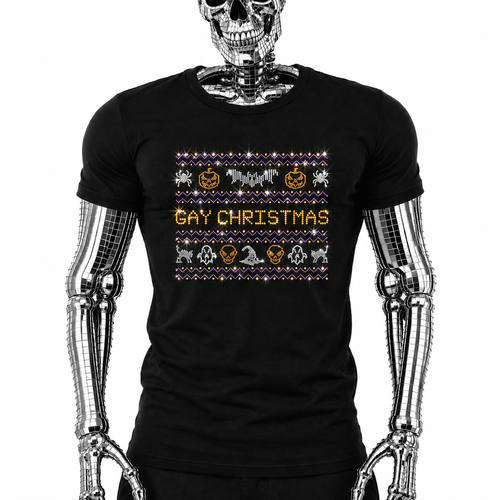 Black t-shirt with "Gay Christmas" rhinestone text and Halloween-themed ugly-sweater-style graphics including pumpkins, bats, ghosts, and skulls by Rico Starr