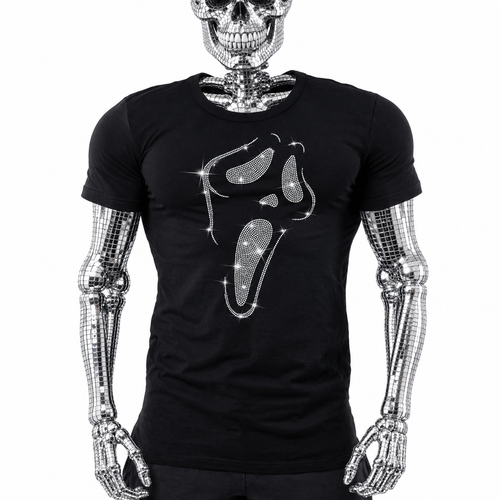 Black t-shirt with rhinestone screaming ghost mask graphic, a horror-movie style Halloween shirt by Rico Starr
