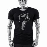 Black t-shirt with rhinestone screaming ghost mask graphic, a horror-movie style Halloween shirt by Rico Starr
