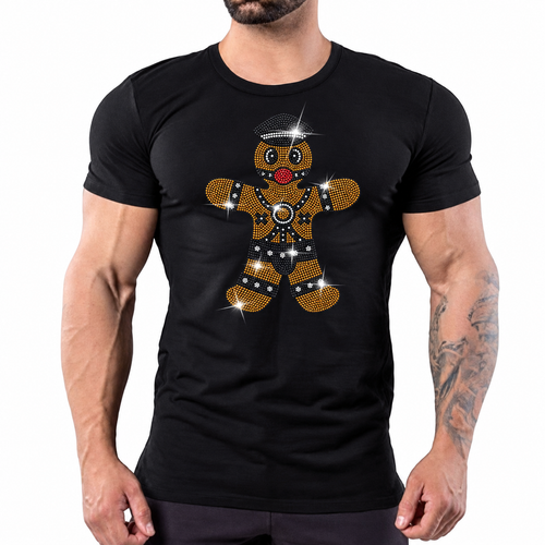 Black t-shirt with rhinestone gingerbread man graphic wearing a leather harness and cap by Rico Starr