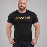 Model wearing the Golden Showers shirt