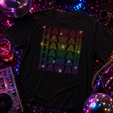 A black short-sleeve T-shirt with the word 'HAWAII' repeated vertically in a rainbow rhinestones by Rico Starr