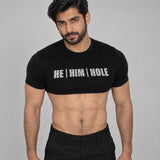 Model wearing the He Him Hole shirt
