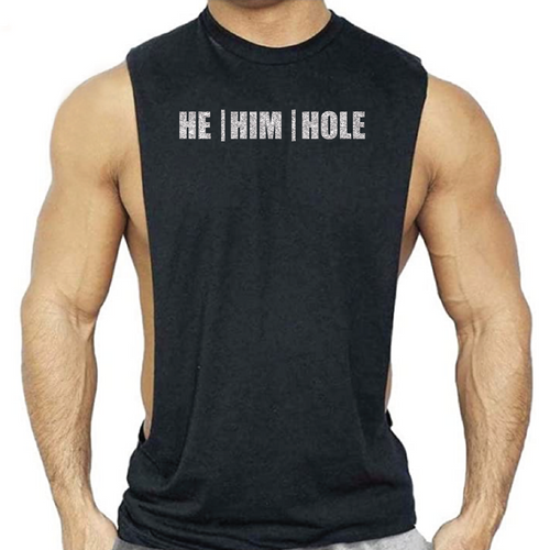 Black shredder tank top with silver glitter “He Him Hole” slogan, gay men’s clubwear by Rico Starr