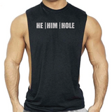 Black shredder tank top with silver glitter “He Him Hole” slogan, gay men’s clubwear by Rico Starr