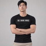 Model wearing the He Him Hole shirt