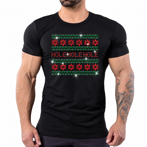 Black t-shirt with red and green rhinestone "Hole Hole Hole" text in an ugly Christmas sweater style graphic by Rico Starr