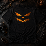 Black t-shirt with metallic orange jack-o'-lantern face graphic, minimalist pumpkin Halloween shirt by Rico Starr
