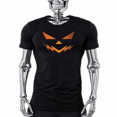 Black t-shirt with metallic orange jack-o'-lantern face graphic, minimalist pumpkin Halloween shirt by Rico Starr